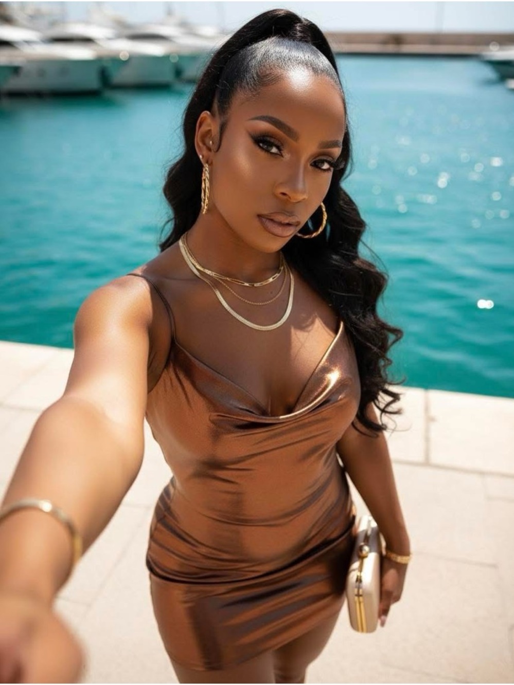 Boohoo Metallic Bronze Cowl Neck Midi Dress